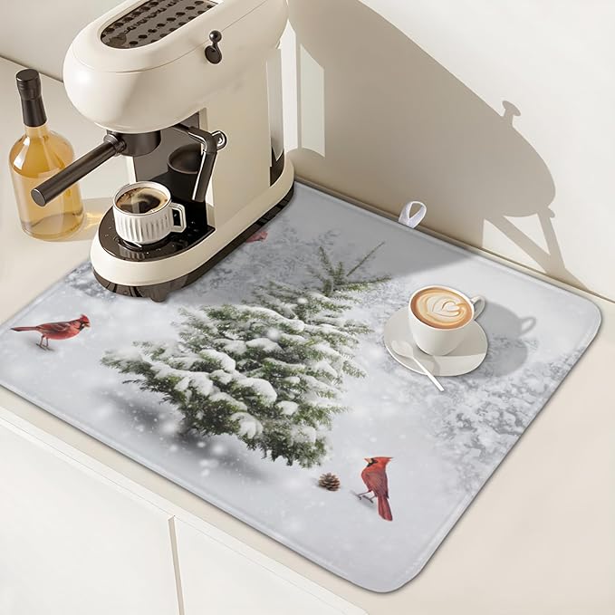 Winter Forest Dish Drying Mat for Kitchen Counter Silvery White Pine Trees Snow Snowflake Drying Mat 16x18 Inch Holiday Absorbent Dish Drainer Mat Kitchen Accessories