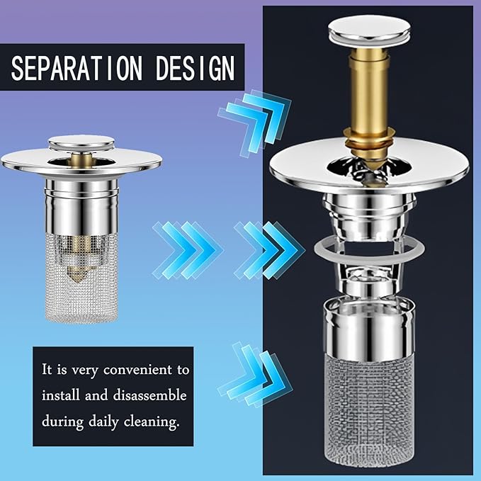 3 in 1 Sink Drain Strainer with Hair Catcher,2PCS Stainless Steel Popup Sink Stopper with Basket for US Bathroom Sink Stopper Replacement,Pop-up Bounce Core Floor Basin Drain Filter
