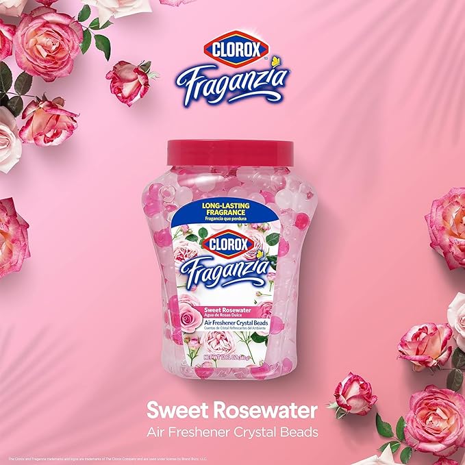 Clorox Fraganzia Crystal Beads Air Freshener, Long Lasting Room Deodorizer and Odor Eliminator Gel Beads to Freshen Home, Car, or Office, Sweet Rosewater Scent, 12 Fl Oz - 12 Pack