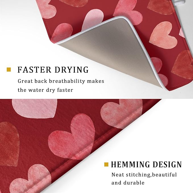 Valentines Day Dish Drying Mat 18 x 24 Inch With Absorbent Reversible Microfiber Pink Red Hearts Drying Anniversary Wedding Dish Drainer Mat Fast Dry For Kitchen Dining Room Decor