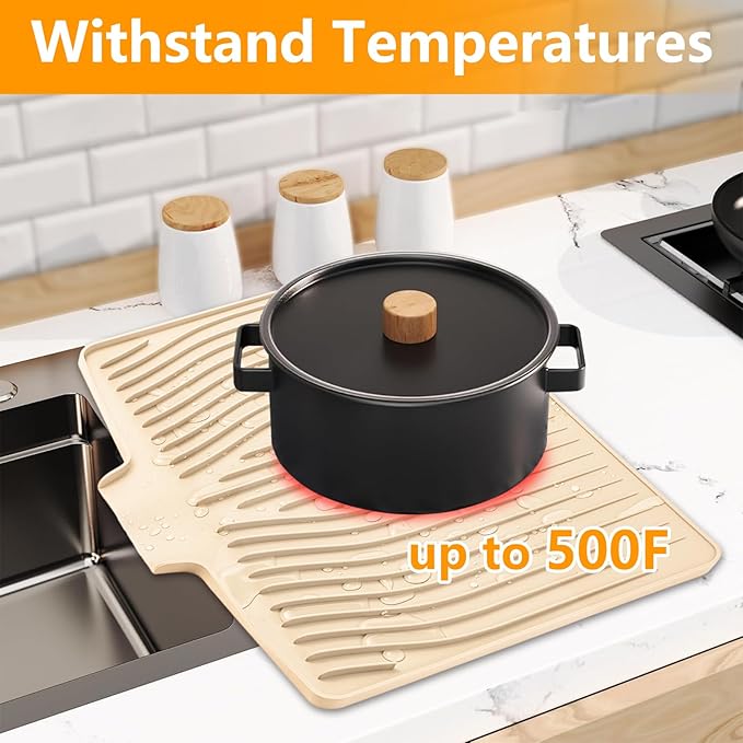Silicone Dish Drying Mat for Kitchen Counter, Dish Drainer Mat, Non-Slip Drying Pad with Built-in Drain, Kitchen Drying Matt For Counter(18.9" x 11.8", Orange)