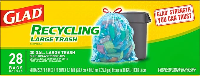 Glad Trash Bags, Large Drawstring Garbage Bags, 30 Gallon Blue Trash Bags for Large Kitchen Trash Can or Recycling, 28 Count - Packaging May Vary