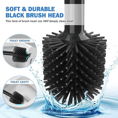Toilet Plunger and Brush Set, Silicone Toilet Brush and Plunger with Holder for 5.7-inch Toilet Drain, 2-in-1 Toilet Brush Plunger Combo with Caddy Stand (Black)