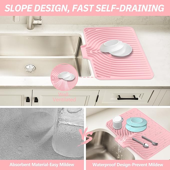 Dish Drying Mat for Kitchen Counter, with Built-in Drain Lip, Food-Grade Silicone, Easy Clean Pad for Countertop Protection, Multi-Functional Use (18x11.8, Pink)