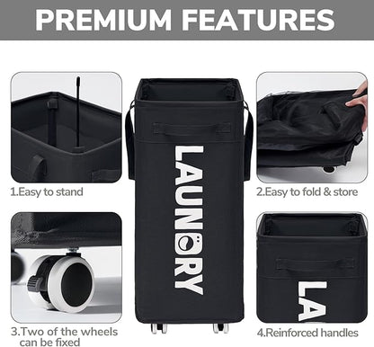 Goodpick Black Laundry Hamper with Wheels, 75L Dirty Clothes Hamper with Removable Wash Bag for Laundry Room, Rolling Laundry Basket