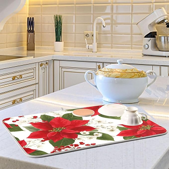 Red Poinsettias with Holly Dish Drying Mat for Kitchen Counter Super Absorbent Drying Mat 16x18 inch Large Dish Drying Matts for Countertop Protector Dishes Pad