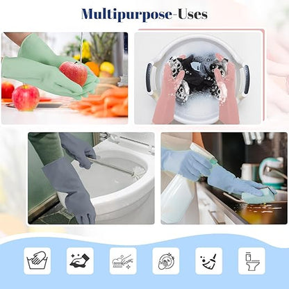 Rubber Kitchen Dishwashing Gloves - 4 Pairs Reusable Household Cleaning Gloves, Flexible and Durable & Non-slip Cleaning Gloves, Great for Kitchen, Bathroom, Laundry (Pink+Green+Blue+Grey)
