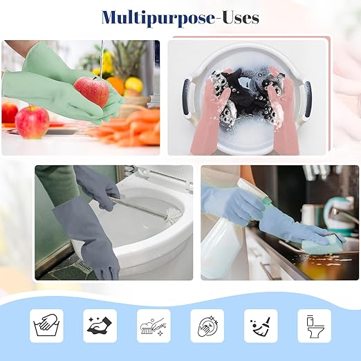Rubber Kitchen Dishwashing Gloves - 3 Pairs Reusable Household Cleaning Gloves, Flexible and Durable & Non-slip Cleaning Gloves, Great for Kitchen, Bathroom, Laundry (Medium, Green+Blue+Grey)