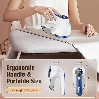 DBC Fabric Shaver with 15000r/Min Powerful Motor, LED Display, 3-Speeds, 6-Leaf Blades, Large Shaving Head Lint Remover for Clothes, Lint Ball, Furniture, Fuzz - Blue & White