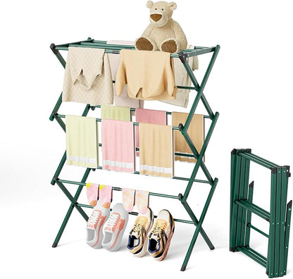 BAKON Clothes-Drying-Rack-Foldable for Small Space, Laundry-Drying Rack Collapsible for Hanging Clothes, Metal Clothing Dry Rack Suit for Indoor & Outdoor, Dorm Room, Apartments, RV, Green