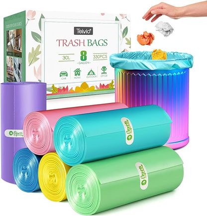 8 Gallon 330 Counts Clear Colorful Trash Bags Kitchen Garbage Bags by Teivio, fit 25-30Liter Bathroom Trash Can Bin Liners, Plastic Bags for home office kitchen，Multicolor