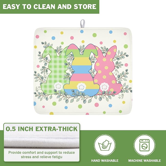 Easter Bunny Dish Drying Mat for Kitchen Counter Cute Rabbit Colorful Polka Dots Pattern Drying Mat 16x18 Inch Spring Holiday Absorbent Dish Drainer Mat Kitchen Accessories