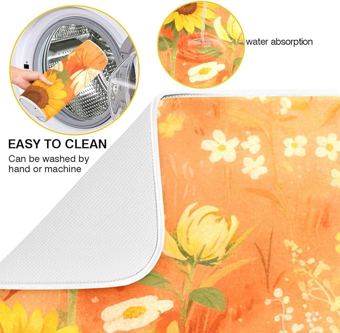 Fall Dish Drying Mat Microfiber Dish Drying Pads Kitchen Counter Draining Pad Sunflower Cornflower Poppy 16 x 18 Inches