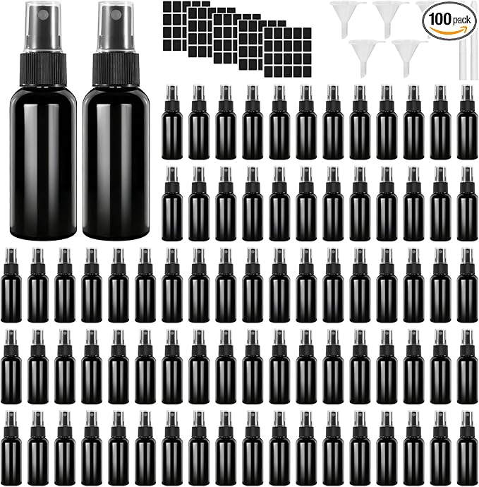ZALIR 100 Pcs Black 1 oz Spray Bottles Set with Black Stickers and Funnels - 30ml Refillable Spray Bottles with Fine Mist Sprayer for Essential Oils, Bath, Beauty, Cleaning Solutions
