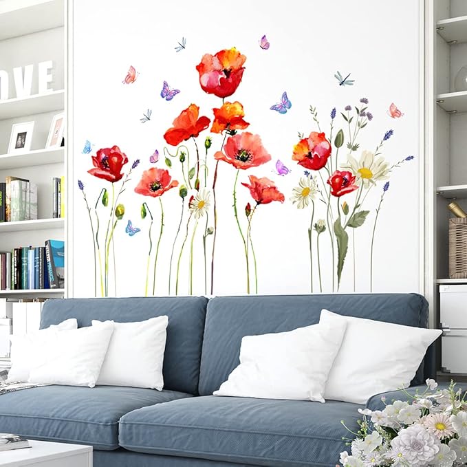 Watercolor Wall Stickers Red Flower Decal Removable Waterproof Wall Art Decor for Bedroom Living Room Offices Home Decoration