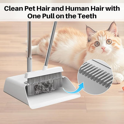 JOYMOOP White Broom and Dustpan Set, Upright Angle Design with Built-in Comb Teeth for Kitchen, Office, Pet Hair, Hard Floors