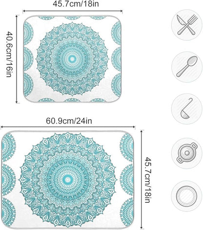 Super Absorbent Dish Drying Mat, Microfiber Fast-Drying Dish Mat, 24" x 18", Kitchen Dish Drying Pad, Boho Ethnic Turquoise Mandala