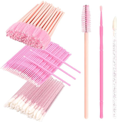300 PCS Eyelash Extension Supplies Kit, Disposable Micro Applicator Brush, Eyebrow Spoolie, Lip Brush, Mascara Wand Applicator (Light pink)