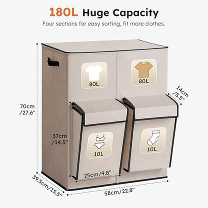 SOLEDI Double Laundry Hamper with Lid, 47.8 Gal (180L) Large Laundr Basket 2 Section with 2 Side Pockets, Dirty Clothes Hamper with Removable Bag, Easy to Carry for Laundry Room, Bedroom, Light taupe