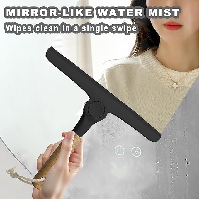 Show Squeegee for Glass Door Bathroom Squeegee with Bamboo Handle Show Wiper for Glass Door Window Tile Wall Car Windshield Mirror (Black)