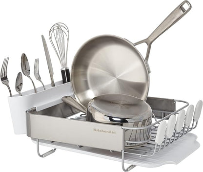 KitchenAid Compact Satin Wire Rust Resistant, Expandable Dish Rack with Angled Self Draining Drainboard with Removable Flatware Caddy, 23.18-Inch, Gray