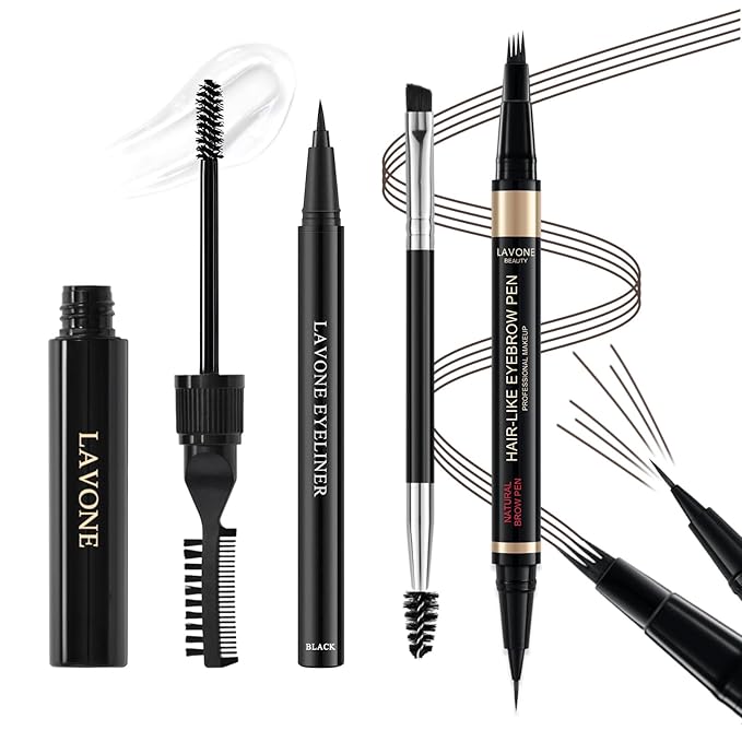 Microblading Eyebrow Pen Kit - Waterproof Brow Makeup Set with Eyebrow Pencil, Eyebrow Gel Clear, Eyeliner, Dual-ended Eyebrow Brush, Natural Looking Brows with Long-Lasting All-Day Hold -Medium Brown