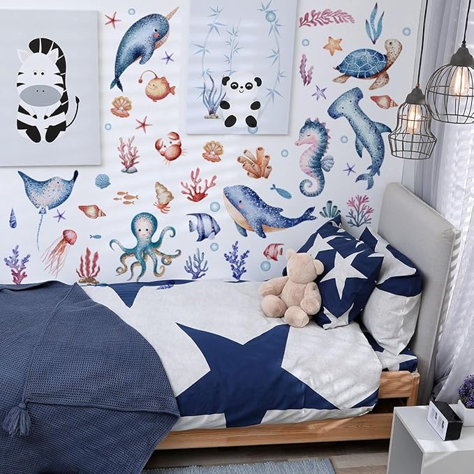 Wall Stickers Decals Kids Peel and Stick Removable for Nursery Kids Bedroom Living Room décor Boys Playroom (Cartoon Ocean)