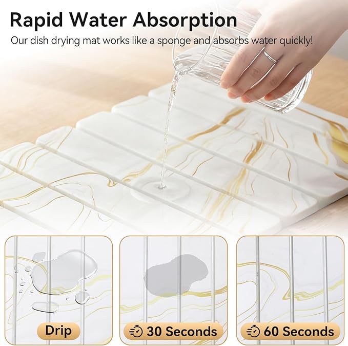 Stone Drying Mat for Kitchen Counter, 24"×16" White Marble Quick Dish Drying Mat with Sanding Pads Non-Slip Roll Up Absorbent Diatomaceous Earth Mat for Countertop, Tableware, Cups