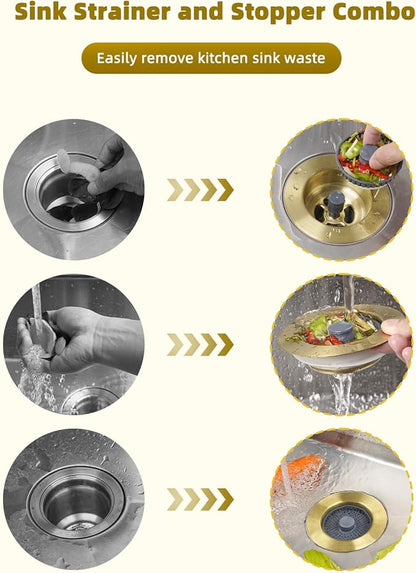 Hygie Rinse 3 in 1 Kitchen Sink Strainer, Pop Up Gold Sink Stopper Drainer with for US Standard 3-1/2 inch Drain Filter, Equiped with Additional 2pcs Strainers, Anti-Clog