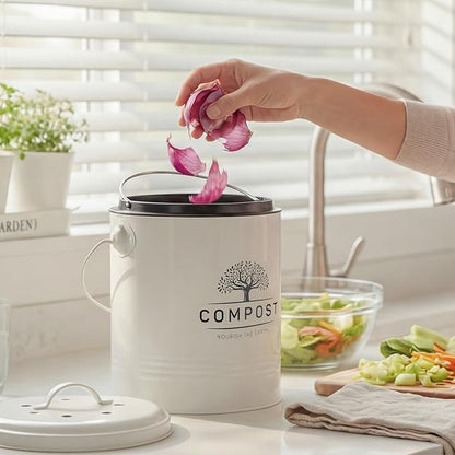 Perfnique Kitchen Compost Bin, 1.3 Gallon Countertop Compost Bin with Lid, Indoor Compost Bucket Includes Inner Bucket Liner and Carbon Filter, Small Compost Bin (Without Bags, Cream)