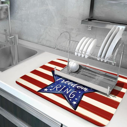 Patriotic Watercolor Stars Stripes Dish Drying Pad 18 x 24 Inch With Absorbent Reversible Microfiber 4th of July Memorial Day Drying Mats Dish Drainer Mat Fast Dry For Kitchen Dining Room
