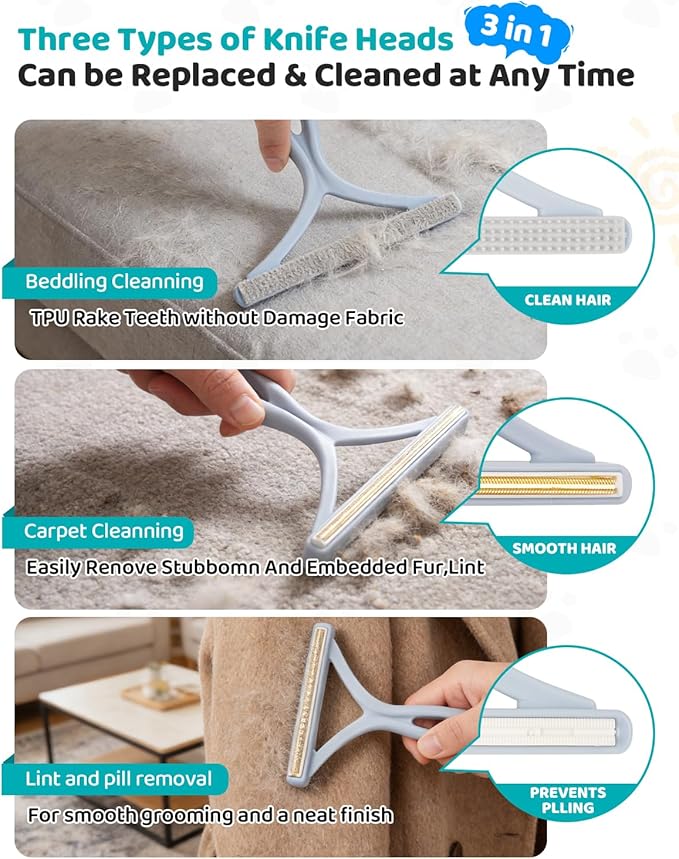 Carpet Rake for Pet Hair Removal, Reusable Pet Hair Remover Tool with 54 Inch Adjustable Long Handle, 3 Piece Carpet Scraper Set with Pet Bath Brush for Rugs, Couch, Furniture and Stairs