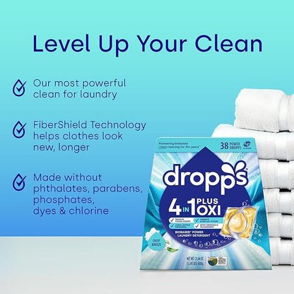 Dropps 4-in-1 Plus Oxi Laundry Detergent Pods, Crisp Breeze (38 Count) - Laundry Pods | Advanced Odor Defense | Fights Stains | Whitens & Brightens | Clean Ingredients | Plastic Free Packaging