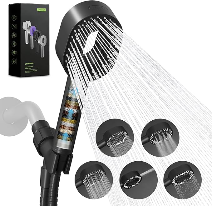 Hibbent Filtered Showerhead with handheld, High Pressure 5 Sprays Handheld Shower Head with Brass Holder & 71" Metal Hose, Water Softener for Hard Water-Remove Chlorine, Reduces Dry Itchy Skin, Black
