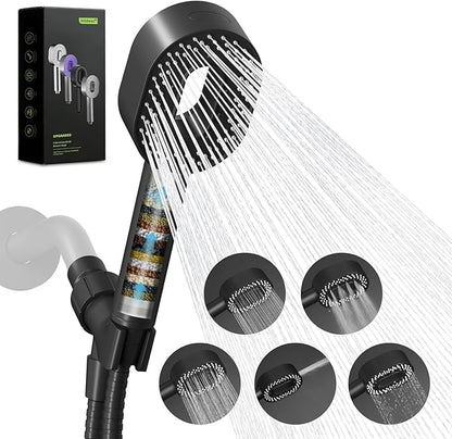Hibbent Filtered Showerhead with handheld, High Pressure 5 Sprays Handheld Shower Head with Brass Holder & 71" Metal Hose, Water Softener for Hard Water-Remove Chlorine, Reduces Dry Itchy Skin, Black