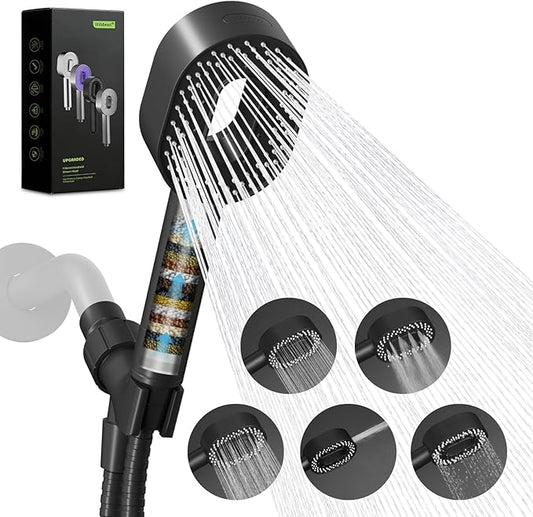 Hibbent Filtered Showerhead with handheld, High Pressure 5 Sprays Handheld Shower Head with Brass Holder & 71" Metal Hose, Water Softener for Hard Water-Remove Chlorine, Reduces Dry Itchy Skin, Black