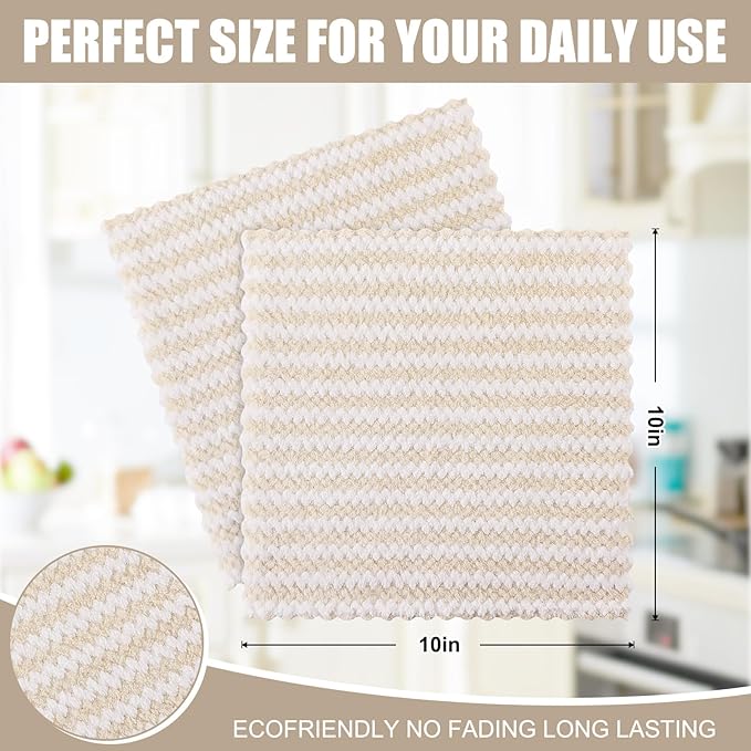 Homaxy 12 Pack Kitchen Dish Cloths, Ultra Soft and Absorbent Dish Towels, Reusable Fast Drying Microfiber Cleaning Cloth, Coral Velvet Wave Design No-lint, 10 x 10 inches, Beige