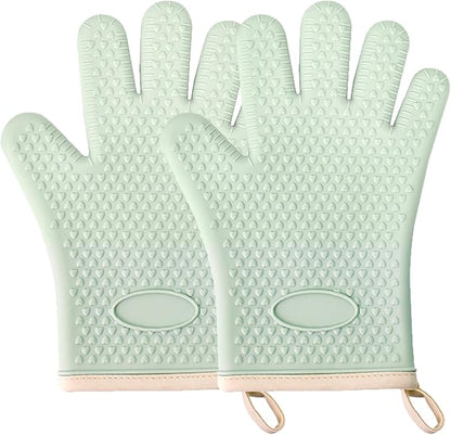 Silicone Oven Gloves with Fingers, High Temperature 450F Heat Resistant Oven Mitts Waterproof & Non-Slip Good Grip BBQ Grilling Gloves for Kitchen Cooking, Baking, Welding (Green) ﻿