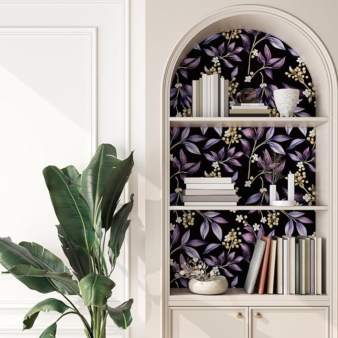 Extra Long Vintage Purple Leaves Wallpaper, 17.5In x 393In Black Botanical Design Self-Adhesive Removable Wall Paper for Bedroom Bathroom Cubicle Vinyl Dark Moody Contact Paper Wall Decor