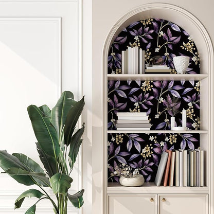 Extra Long Vintage Purple Leaves Wallpaper, 17.5In x 393In Black Botanical Design Self-Adhesive Removable Wall Paper for Bedroom Bathroom Cubicle Vinyl Dark Moody Contact Paper Wall Decor