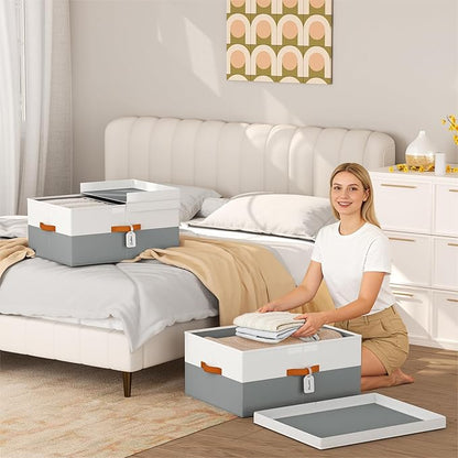 Extra Large Storage Bins - 2 Pack Closet Storage Boxes with Double-Open Lid & Divider Board, Stackable Colthes Storage Organizer, Fabric Basket with Label Tag for Home, Laundry