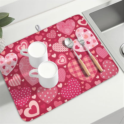 Valentine's Day Dish Drying Mat 18 x 24 Inch Heart Shaped Pattern Dish Drying Pad Absorbent Microfiber Mats for Red Dish Rack Pad for Kitchen Counter Coffee Bar Decor
