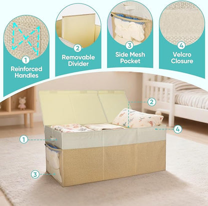 BALEINE Fabric Storage Bins with Lid, Collapsible Extra Large Storage Boxes Bins Baskets with Divider for Home Organizing (37.5"x13"x16", Khaki)