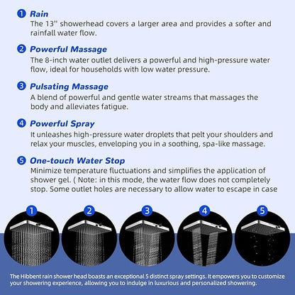 Hibbent 5-spray Filtered Rainfall Shower Head Combo, High Pressure 13'' Showerhead with 10 Spray Modes Handheld, All Metal 3 way Diverter Shower Arm, 71'' Hose and Holder, Chrome