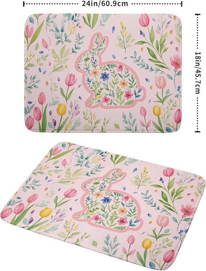 Spring Easter Bunny Flowers Pink Dish Drying Mat 18 x 24 Inch With Absorbent Reversible Microfiber Butterfly Tulip Floral Rabbit Holiday Drying Mats Fast Dry Pad Draining Mat For Kitchen Countertop