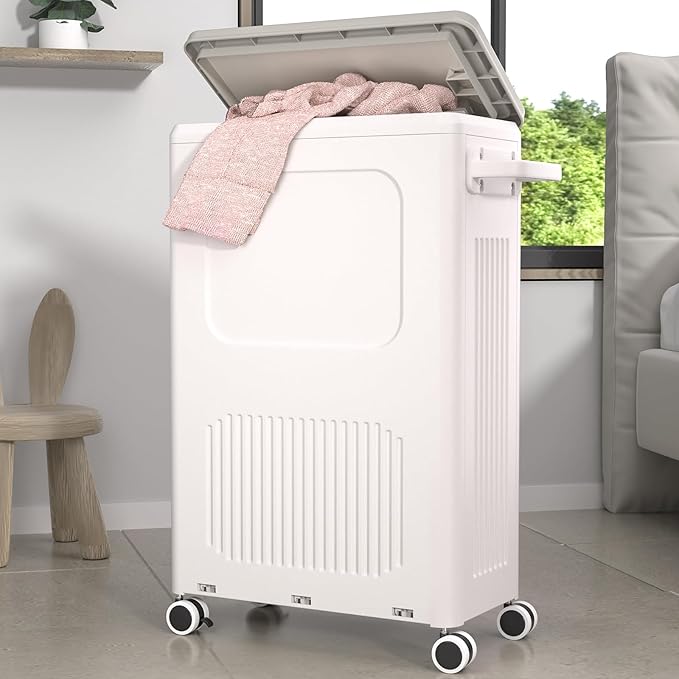HAIXIN HOME Slim Laundry Hamper with Lid, 50L Plastic Tall Laundry Basket with Wheels, Compact Size for Narrow Space, Rolling Laundry Cart with Handle for Easy Transport to Laundry Room