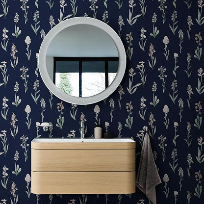 Wudnaye Dark Blue Peel and Stick Wallpaper Dark Floral Contact Paper 16.9in×118.1in Self Adhesive Flower and Leaf Contact Paper Blue Wallpaper White Vintage Removable Waterproof for Bathroom Room Wall