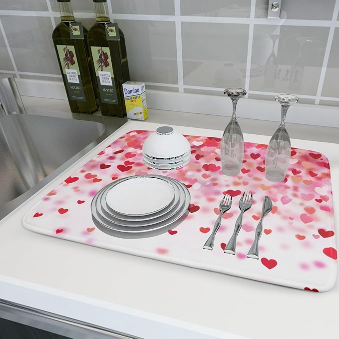 Valentine's Day Dish Drying Mat 18 x 24 Inch With Absorbent Reversible Microfiber Valentine Red Pink Hearts Drying Anniversary Wedding Dish Drainer Mat Fast Dry For Kitchen Dining Room Decor