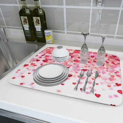 Valentine's Day Dish Drying Mat 18 x 24 Inch With Absorbent Reversible Microfiber Valentine Red Pink Hearts Drying Anniversary Wedding Dish Drainer Mat Fast Dry For Kitchen Dining Room Decor