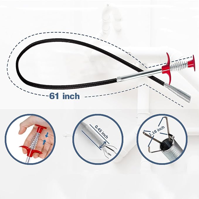 Drain Snake 61Inch, Unclog Drain Tool for Bathroom Sink, Shower, Bathtub, Car & Tight Spaces,Flexible Sink Snake Drain Cleaner Tool Set, Sink Declogger, Hair Puller from Drain (61inch)